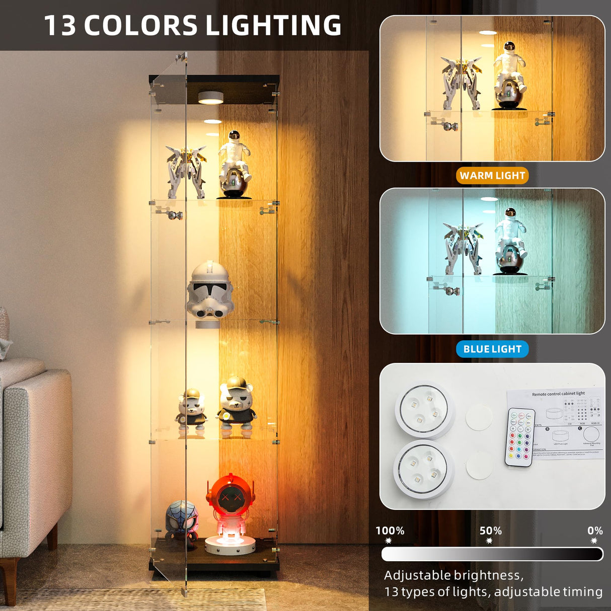 FANYUSHOW Display Cabinet with Glass Door and LED Light, 4-Tier Tempered Glass Display Shelf, Glass Curio Cabinet Collection Display Case, Display Case Cabinet, Black 64.7" H x 16.7" L x 14" W FANYUSHOW