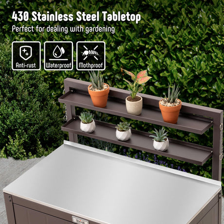 Garden Potting Bench with Storage Cabinet,Outdoor Gardening Table & Work Bench for Plants, Horticulture,Outdoor Workstation with Stainless Steel Tabletop,Outdoor Work Table with Elevated Rack Feasto