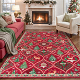 Lahome Christmas Living Room Rug, 5x7 Print Christmas Reindeer Rugs for Bedroom Aesthetic Large Washable Carpet, Soft Xmas Tree Stain Resistance Dining Room Carpets for Under Table (Red) Lahome