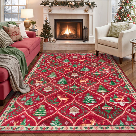 Lahome Christmas Living Room Rug, 5x7 Print Christmas Reindeer Rugs for Bedroom Aesthetic Large Washable Carpet, Soft Xmas Tree Stain Resistance Dining Room Carpets for Under Table (Red) Lahome