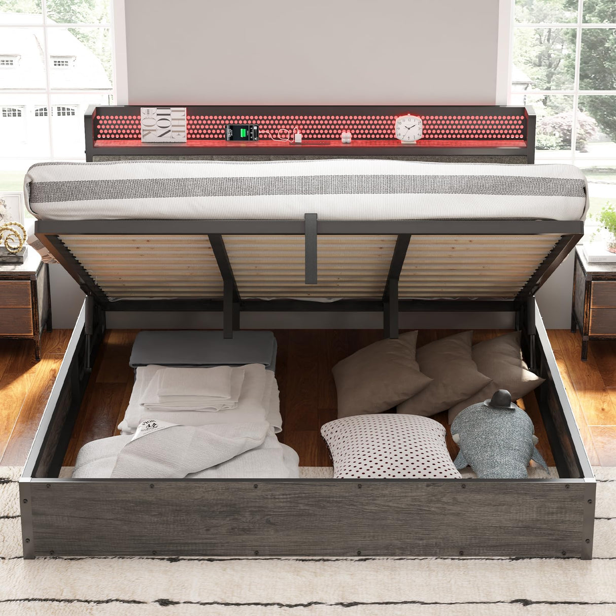 AMERLIFE King Size Lift Up Bed Frame with Linen Upholstered & LED Light & Storage Headboard, Platform Bed Frame with Charging Station, No Box Spring Needed, Noisy Free, Rustic Grey AMERLIFE