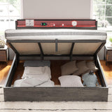 AMERLIFE King Size Lift Up Bed Frame with Linen Upholstered & LED Light & Storage Headboard, Platform Bed Frame with Charging Station, No Box Spring Needed, Noisy Free, Rustic Grey AMERLIFE