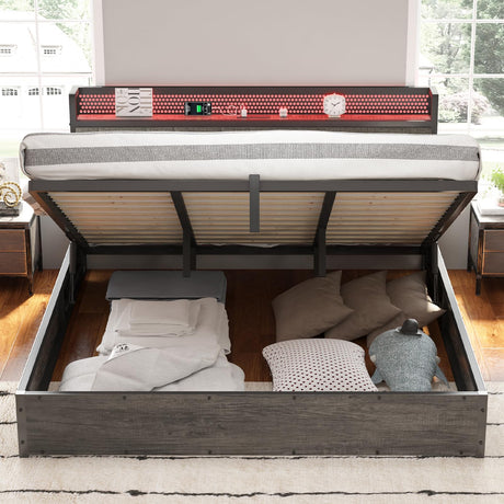 AMERLIFE King Size Lift Up Bed Frame with Linen Upholstered & LED Light & Storage Headboard, Platform Bed Frame with Charging Station, No Box Spring Needed, Noisy Free, Rustic Grey AMERLIFE