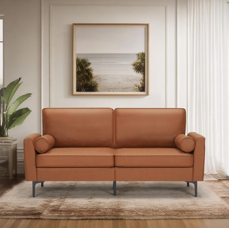 FEISHOMINOO 70" Mid-Century Modern Loveseat, 3-Seater Suede Leather Sofa Couch with Comfy Upholstered Cushions/Pillows, Deep Seat Tufted Sofas for Living Room Bedroom Apartment (Brown) FEISHOMINOO