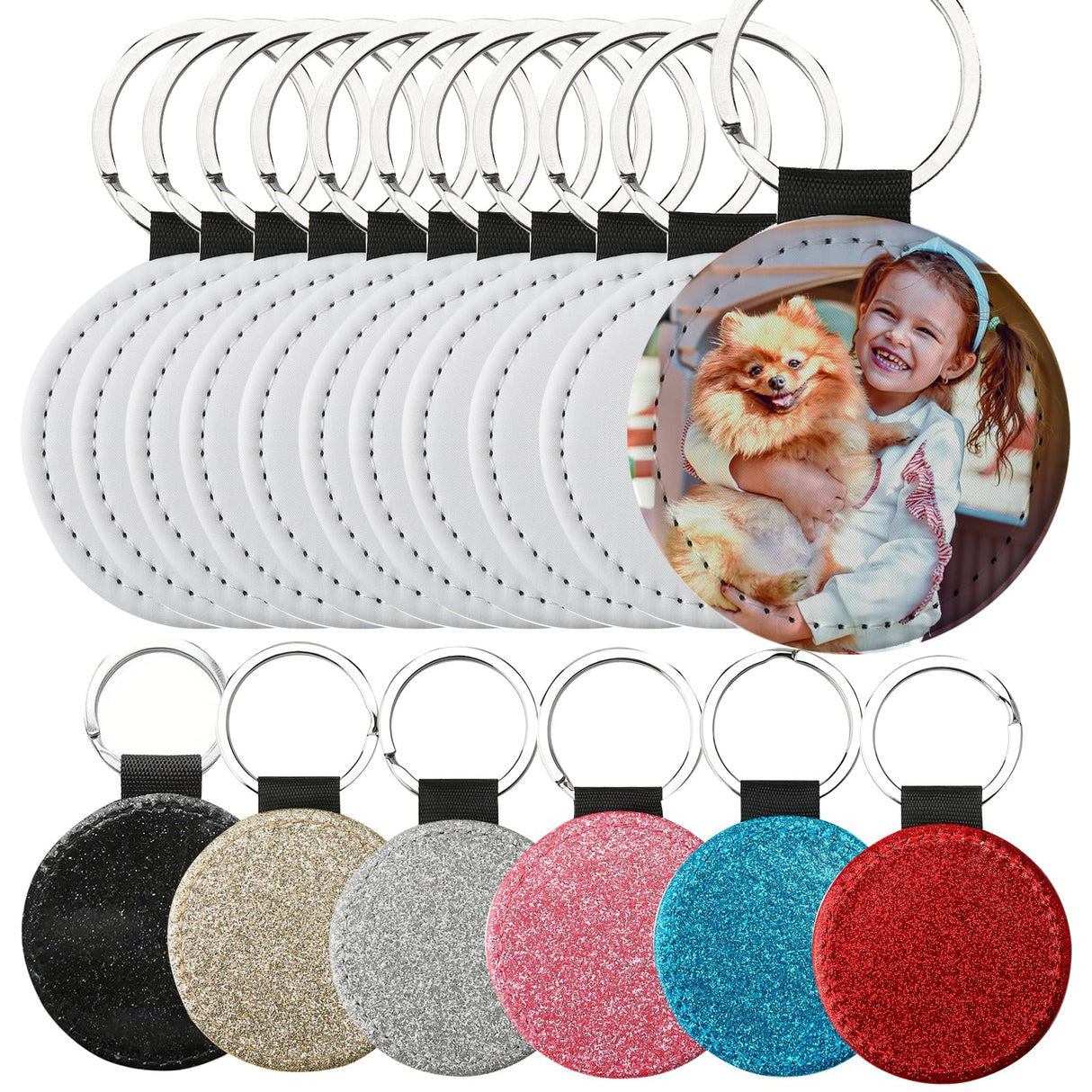 QISVVE 10Pcs Sublimation Blanks Keychain，custom personalized key chain,Glitter PU Leather keychain accessories for DIY Crafts Making (10Pcs Glitter Round) QISVVE
