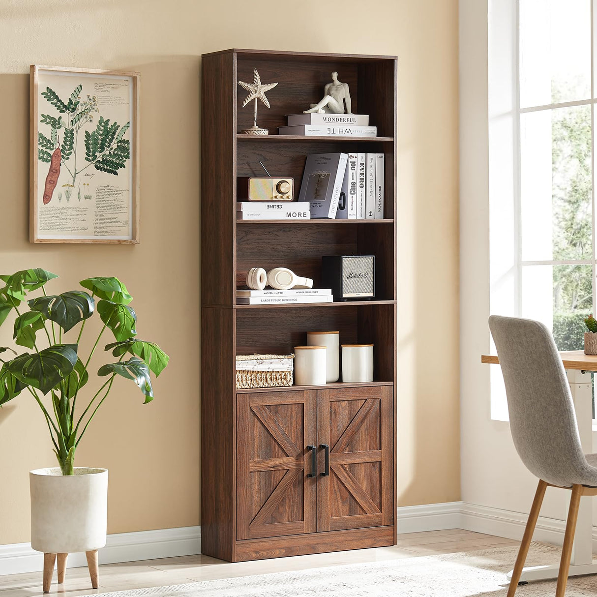 RWYHG 70in Tall Bookshelf 6 Tier Bookcase with Barn Doors and Adjustable Shelf, Brown Farmhouse Book Shelves with Storage Cabinet,Wood Floor Standing Display Bookshelve for Bedroom,Living Room,Kitchen RWYHG