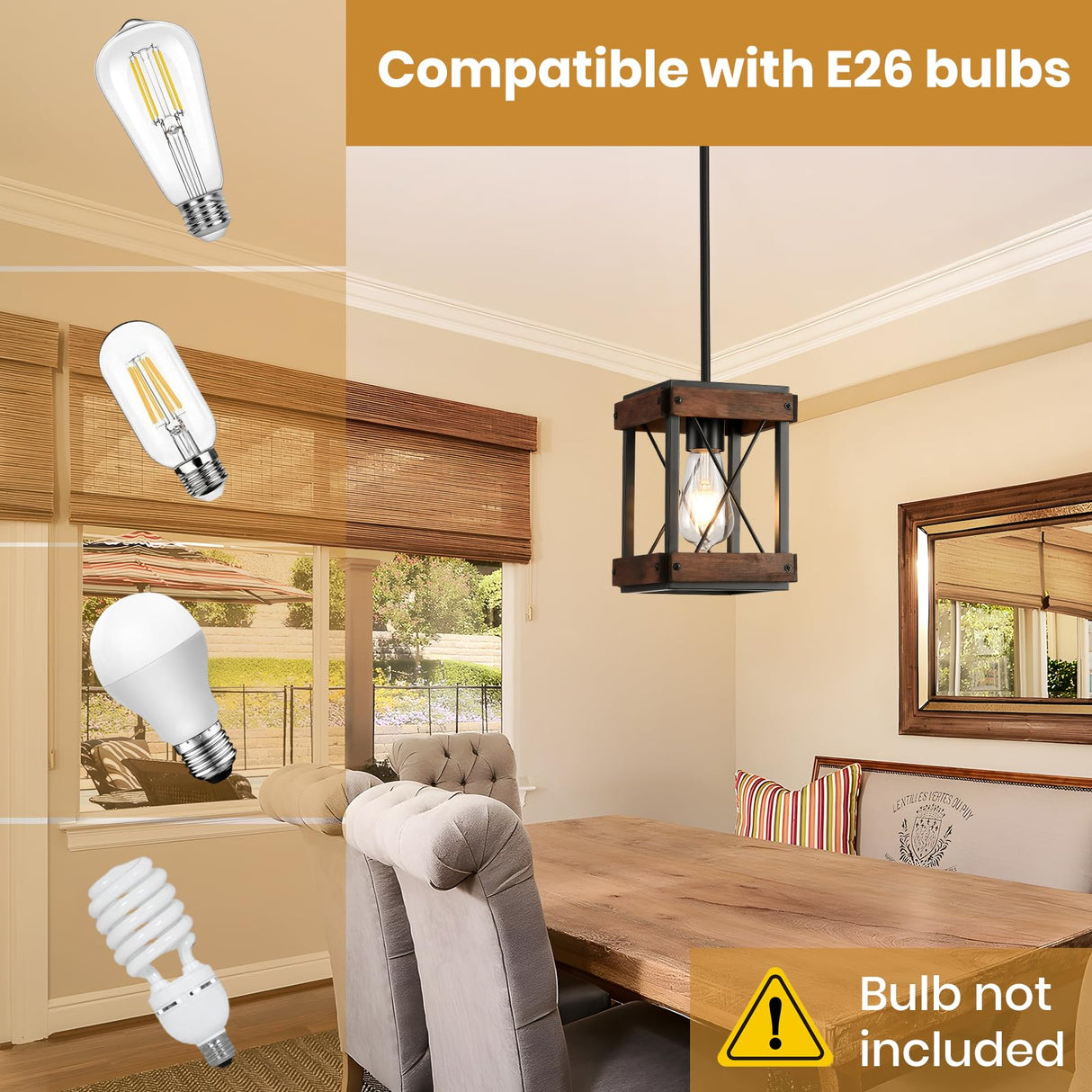 HOXIYA Farmhouse Pendant Light, 2 Pack Rustic Farmhouse Linear Chandelier with Wood and Metal Cage, Kitchen Island Pendant Light Adjustable Height for Dining Room Light Kitchen Island Bedroom HOXIYA