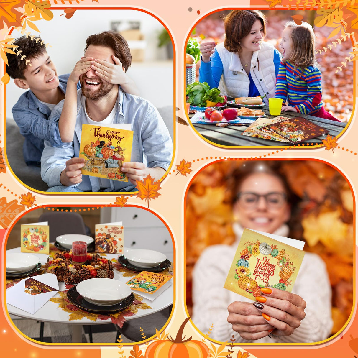 Saillong 12 Pack Thanksgiving Diamond Painting Greeting Card Kits DIY Fall Diamond Art Cards with Envelopes Pumpkin Turkey 5D Rhinestones Paint Card for Adults DIY Crafts Family Friend Birthday Gifts Saillong