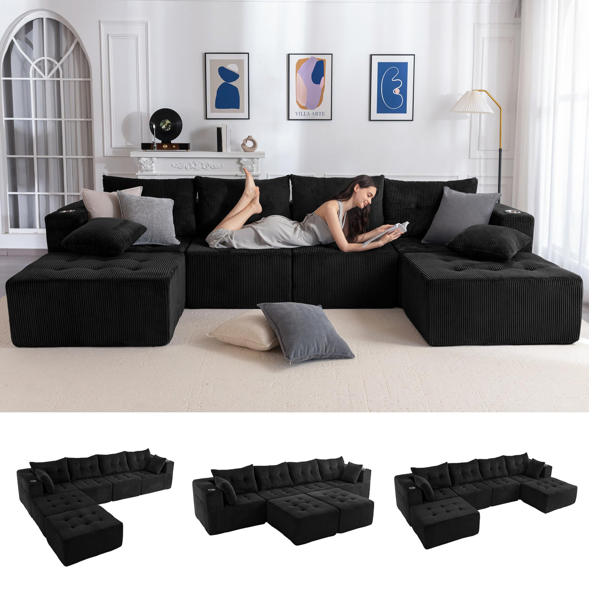 MAXYOYO Modular Sectional Sofa Couch, U Shaped Modern Cloud Couch with 2 Ottomans, Sofa in A Box, Tufted 6-Seat Boneless Sleeper Chair for Living Room, No Assembly Required, Black MAXYOYO