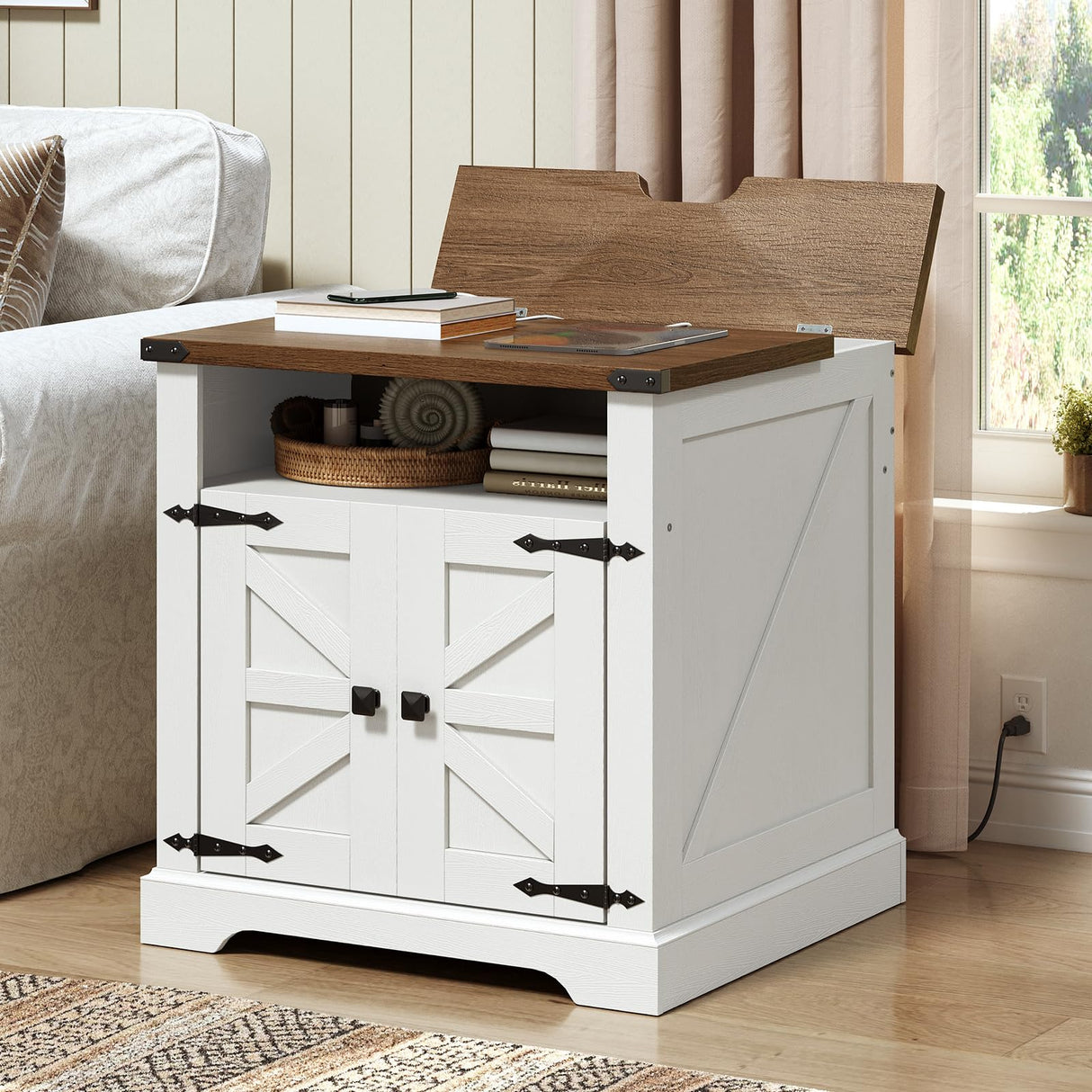 HOOBRO Farmhouse End Table with Charging Station, 23.6" Large End Tables for Living Room, Sofa Side Table with Barn Door, Wooden Square Nightstand Bedside Table, Flip Top, White and Walnut WH601UBZ01 HOOBRO