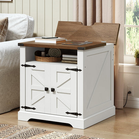 HOOBRO Farmhouse End Table with Charging Station, 23.6" Large End Tables for Living Room, Sofa Side Table with Barn Door, Wooden Square Nightstand Bedside Table, Flip Top, White and Walnut WH601UBZ01 HOOBRO