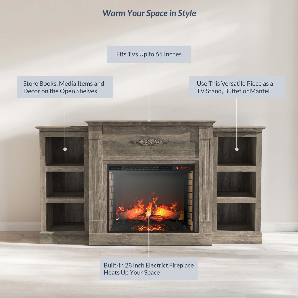 BELLEZE Modern 70" Electric Fireplace Heater Mantel TV Stand & Media Entertainment Center for TVs up to 68" with Energy-Efficient Heater with Sound and Side Book Shelves - Lenore (Grey) BELLEZE