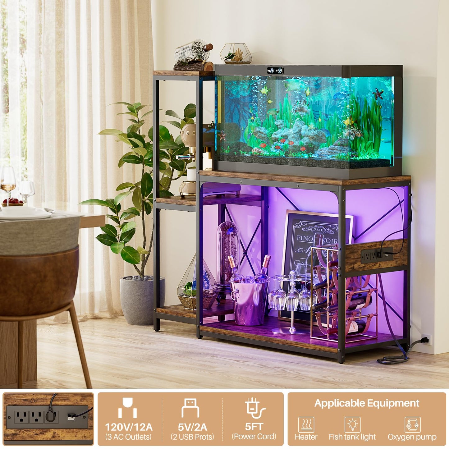 Hyomdeck 20-29 Gallon Fish Tank Stand with Power Outlet & LED Light, Reversible Wood Aquarium Stand with Shelves for Fish Tank Accessories Storage, Metal Frame, Turtle/Reptile Tank Stand, Rus - WoodArtSupply