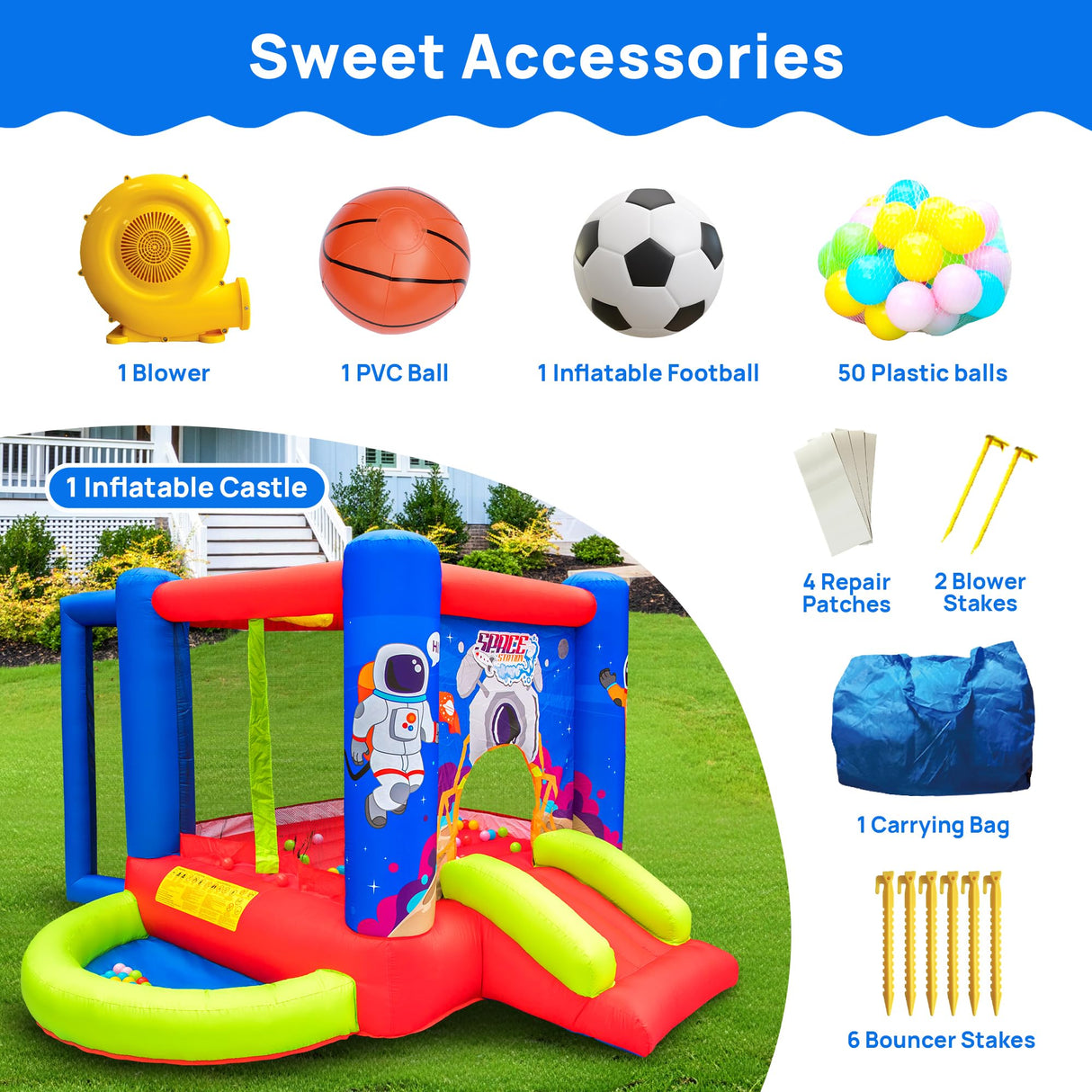 WELLFUNTIME Inflatable Bounce House with Slide, Jumping Castle with Blower for Kids Play House with Wave Pool WELLFUNTIME