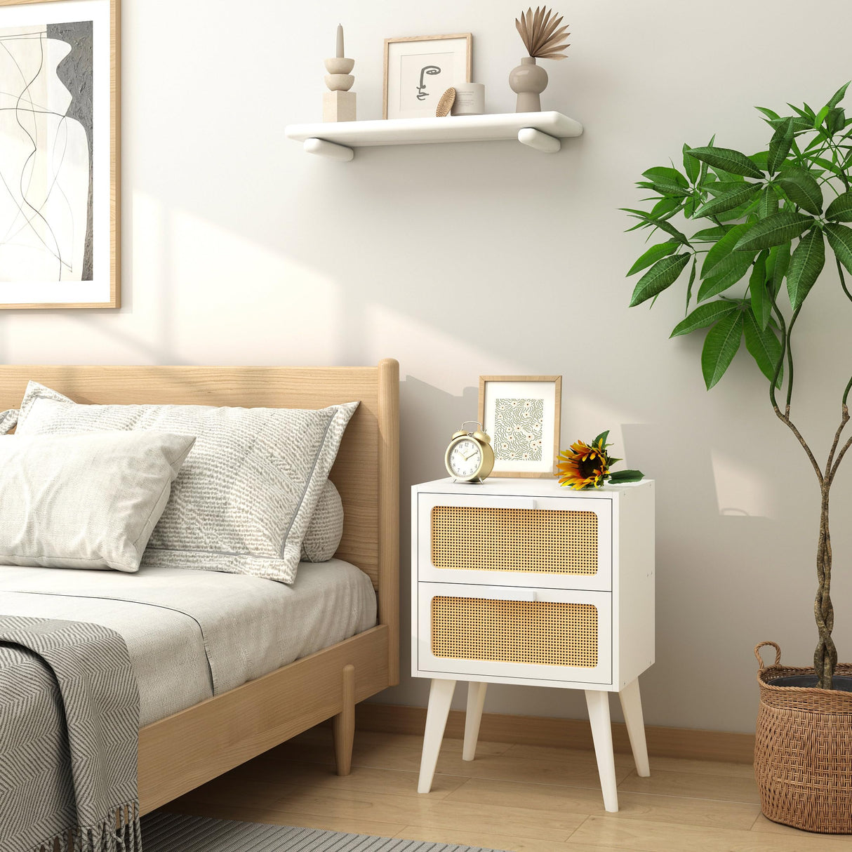 YAUKOMEL Rattan Nightstand, Wood End Table, Side Table with 2 Hand Made Rattan Decorated Drawers,Boho Bedside Table,Wood Accent Table with Storage for Livingroom, Bedroom, White CTG59W YAUKOMEL