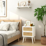 YAUKOMEL Rattan Nightstand, Wood End Table, Side Table with 2 Hand Made Rattan Decorated Drawers,Boho Bedside Table,Wood Accent Table with Storage for Livingroom, Bedroom, White CTG59W YAUKOMEL