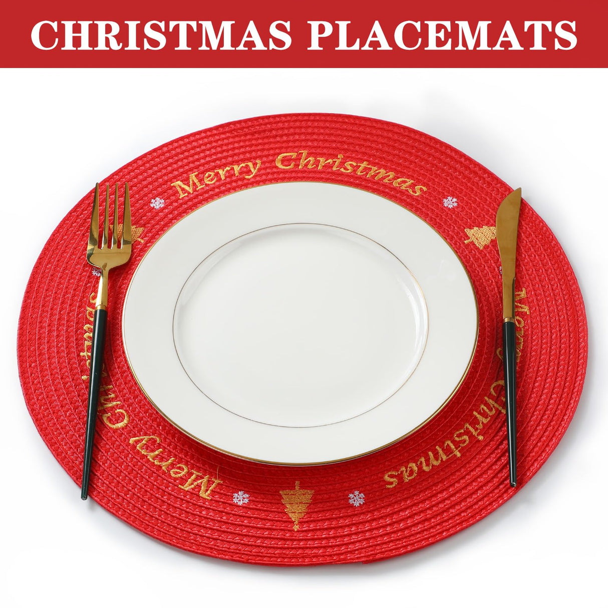 Tioncy 6 Pcs Plastic Christmas Placemats Round Snowflake Red Placemats 13.4 Inch Winter Xmas Tree Table Mat Washable Place Mat for Christmas Party Holiday Kitchen Dining Table Tioncy