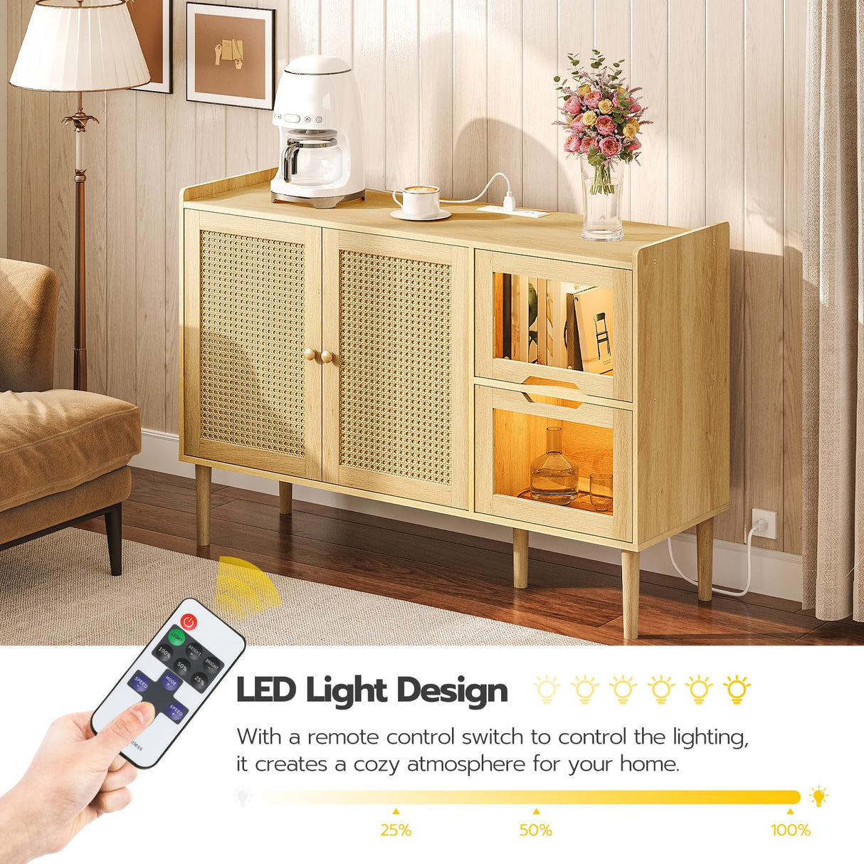 HOOBRO Buffet Cabinet with Power Outlet, 47.2" Kitchen Sideboard Storage Cabinet & LED Light, Rattan Decor Doors, Accent Cabinet Coffee Bar Cabinet Console Table for Hallway Entry, Natural NL120UDCB01 HOOBRO