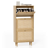 EYYTHUNG Rattan Shoe Cabinet Narrow Shoe Storage Cabinet with 3 Flip Drawers Hidden Freestanding Shoe Rack Organizer with Wood Legs for Entryway Slim, Hallway, Natural Oak EYYTHUNG