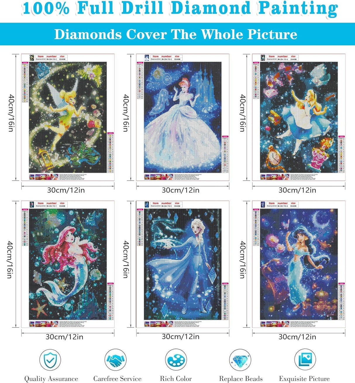 RYMILIE 6 Pack Diamond Painting Kits, 5D Princess Diamond Art Kits for Adults Beginner, Full Drill Diamond Dots Art, Home Wall Decor, 12x16inch RYMILIE