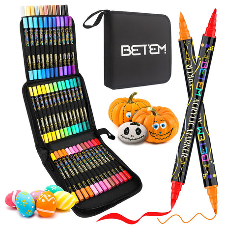 Betem 48 Colors Paint Markers Acrylic Paint Pens, Dual Tip with Brush Tip and Fine Tip, Art Supplies for Rock Painting, Wood, Canvas, Stone, Glass, Ceramic, DIY Crafts Making Drawing Kit with Bag Betem