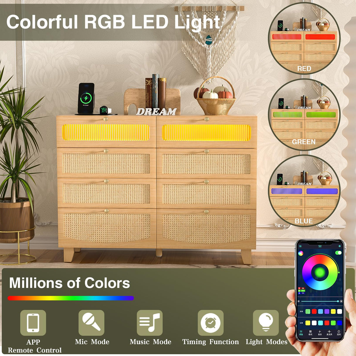 HPWLYO Rattan Dresser for Bedroom with LED Light, 4 Drawer Tall Rattan Dressers with Charging Station, Dressers Chests of Drawers,Bedroom Closet Dresser for Bedroom, Hallway,Entryway HPWLYO