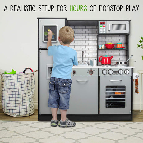 Lil' Jumbl Kids Kitchen Set, Pretend Wooden Play Kitchen, Battery Operated Icemaker & Microwave with Realistic Sound, Pots & Pan Included - Charcoal Lil' Jumbl