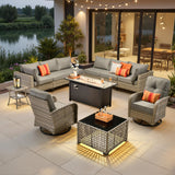 11 Pieces Outdoor Sectional Patio Furniture Set with 54" Fire Pit,Wicker Conversation Sets Rattan L Shaped Couch Swivel Rocking Chairs,Modular Outdoor Sofa for Porch Balcony Backyard Dark Grey ORMONO