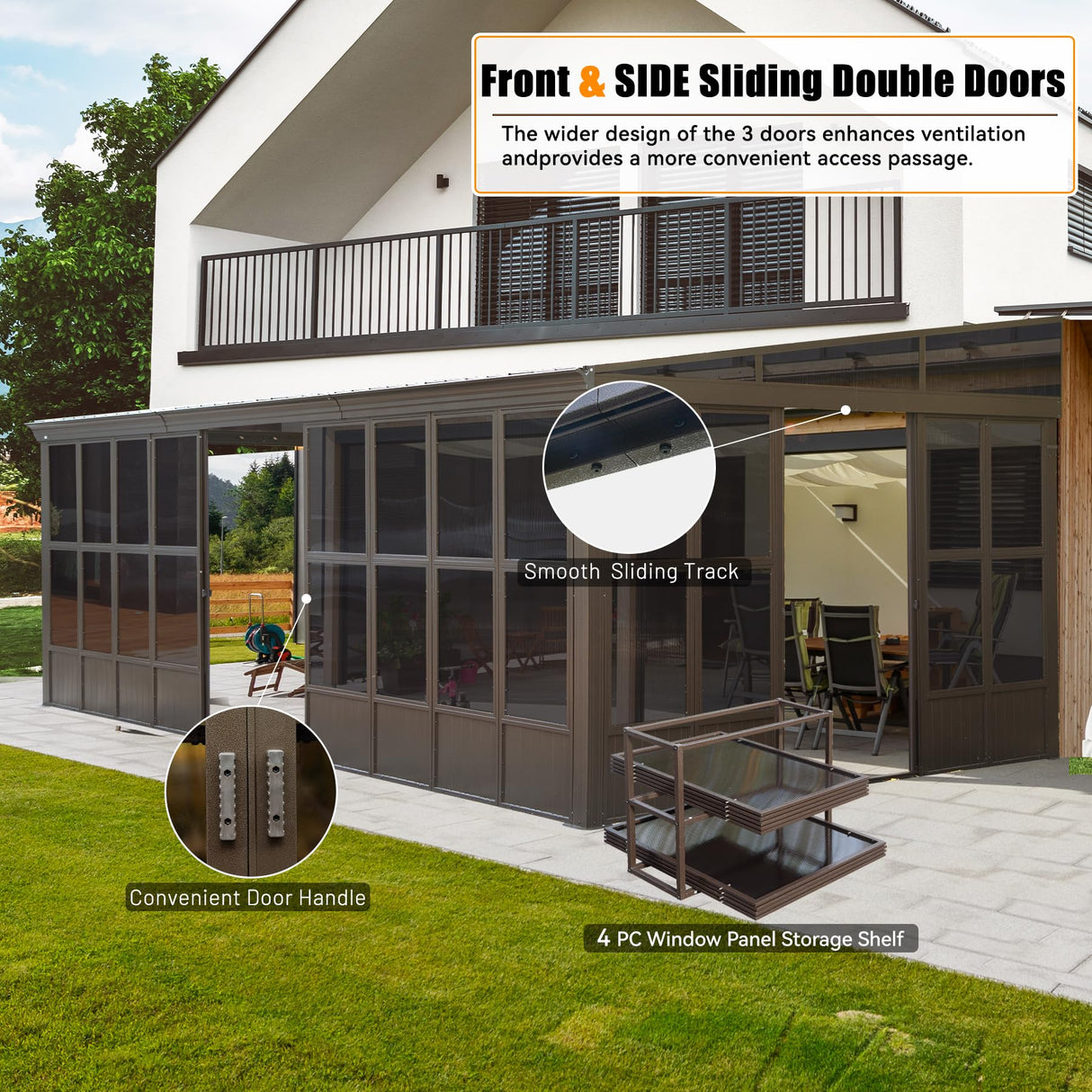 Domi 12'x20' Outdoor Sunroom Kit, Wall Mounted Solarium All Weather with 3 Sliding Double Doors, Aluminum Lean to Gazebo with Galvanized Steel Roof, Detachable PC Screen for Patio, Deck, Backyard domi outdoor living