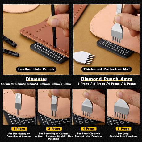 Leather Stitching Punch Leather Hole Punch Tool Set, 4mm 1/2/4/6 Prong Punch Leather Chisel, Round Leather Hole Punch for Leather Belt, Watch Band, Leather Strap DIY Leather Crafts MORFEN