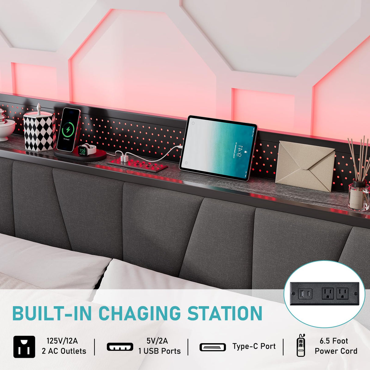 LUXOAK Queen Size Lift Up Storage Bed Frame with RGB LED Lights and Charging Station in Rustic Grey LUXOAK