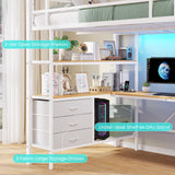 DICTAC Full Size Loft Bed with L-Shaped Desk, LED Lights and Charging Station Full Metal Loft Bed Frame with 3 Storage Shelves & 3 Fabric Drawers,Loft Beds with Top Bunk -Safety Guard & Ladder,White DICTAC