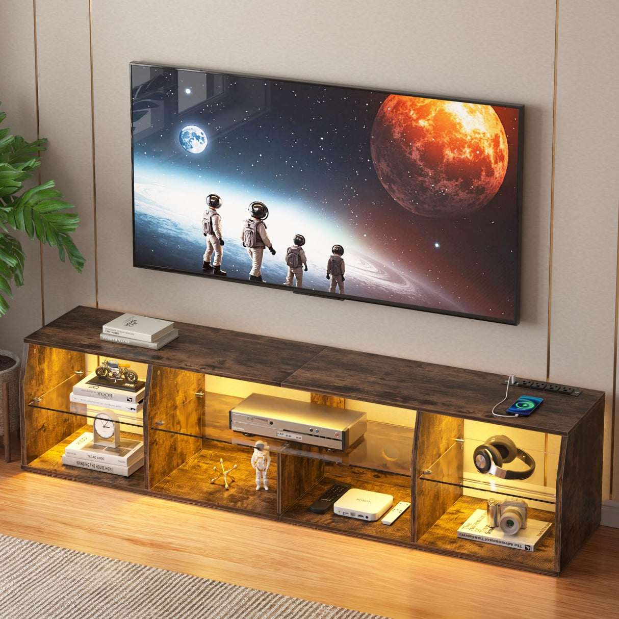 VECELO LED TV Stand for 70 inch, Entertainment Center with Power Outlets, Industrial Television Cabinet with 7 Open Storage Shelves, for Living Room and Bedroom, Retro Brown, 70inch VECELO