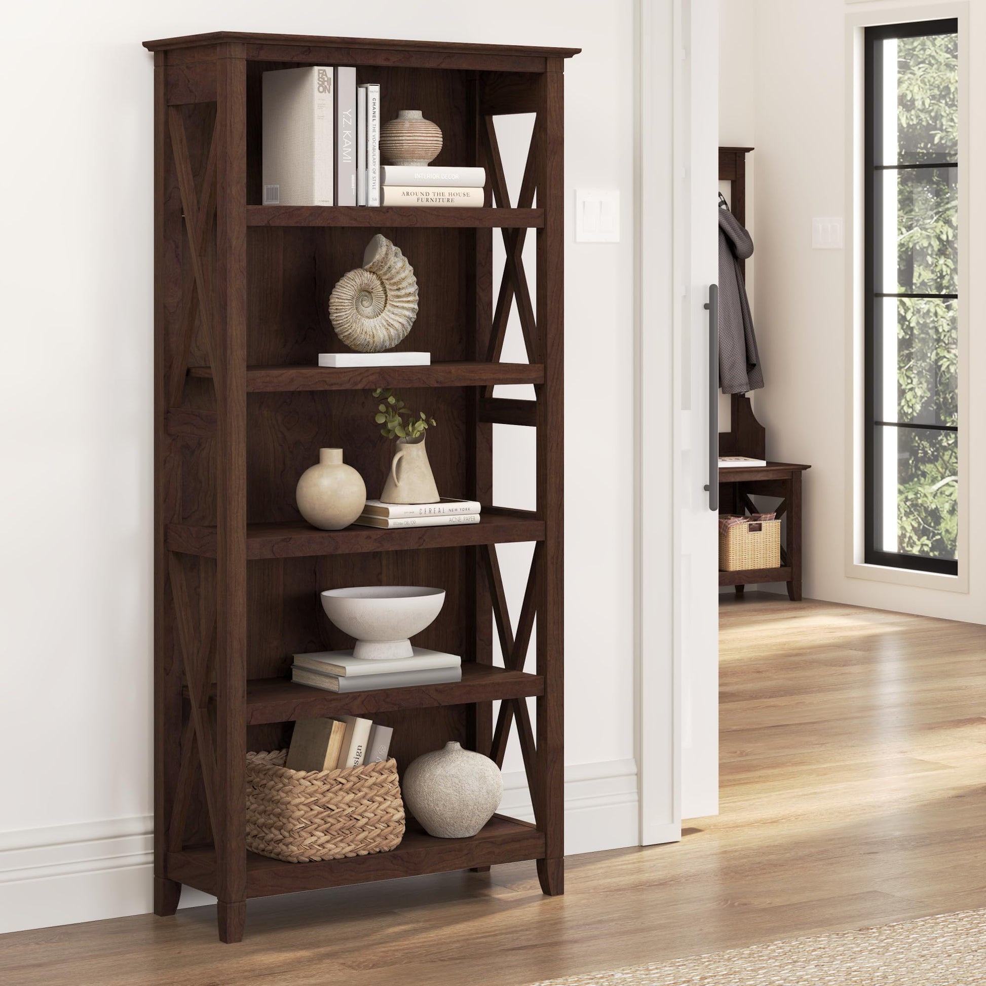 Bush Furniture Key West Tall Open Bookcase in Bing Cherry – Elegant Display Cabinet for Home or Office - WoodArtSupply