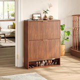Hootata 31.5''W Walnut Shoe Storage Cabinet for Entryway with 2 Flip Drawers, Fluted Slim Shoe Cabinet, Free Standing Wooden Shoes Organizer for Foyer, Hallway Hootata