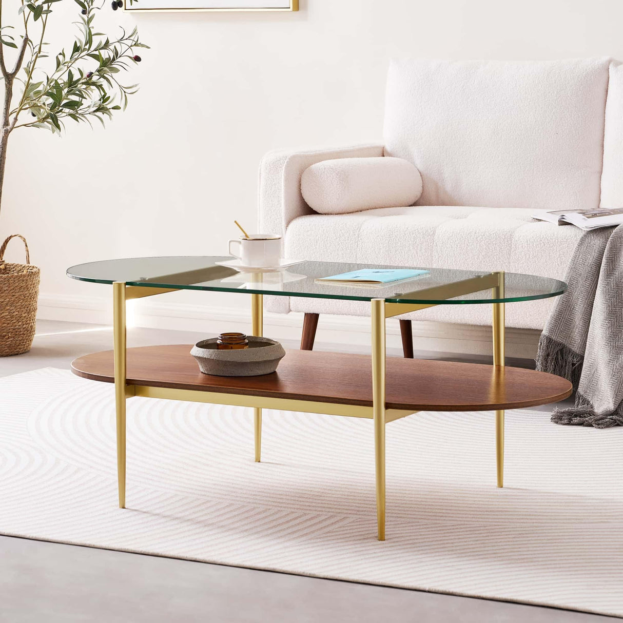 LumFurn Oval Glass Coffee Table, Mid-Century Modern Design, L41 x W21 x H17 inch, for Living Room, 2-Tier Structure, Clear Glass Top and Walnut Finish Wood Shelf, Conical Legs with Gold Finish Frame LumFurn