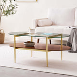 LumFurn Oval Glass Coffee Table, Mid-Century Modern Design, L41 x W21 x H17 inch, for Living Room, 2-Tier Structure, Clear Glass Top and Walnut Finish Wood Shelf, Conical Legs with Gold Finish Frame LumFurn