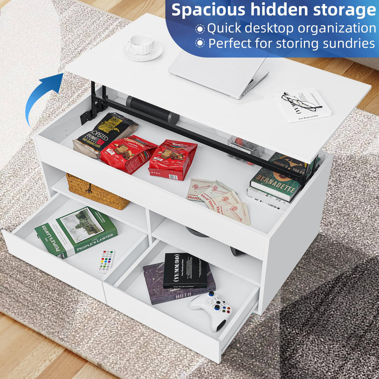 HOMMPA Lift Top Coffee Table with Storage LED Coffee Table Morden High Gloss Black Living Room 4 Tiers Modern Tea Table with Storage Center Tables Hidden Compartment & 2 Open Shelve & 2 Drawers HOMMPA