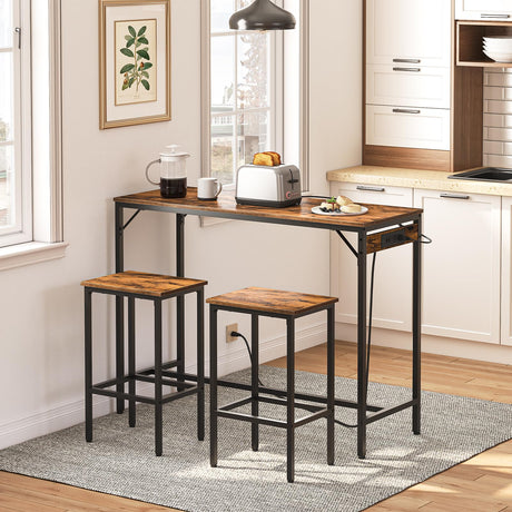 HOOBRO Bar Table and Chairs Set, 47.2" Dining Table Set with Power Outlet, 3-Piece Pub Table Set, Kitchen Bar Height Table with Stools of 2, Space Saving for Living Room, Rustic Brown BF46UBT01 HOOBRO