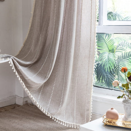 RoomTalks Country Farmhouse Cotton Polyester Curtains for Bedroom Living Room 63 Inch Length Light Filtering Boho Chic Cabin Rustic Window Curtain Panels with Tassels Striped Bohemian Draperies RoomTalks