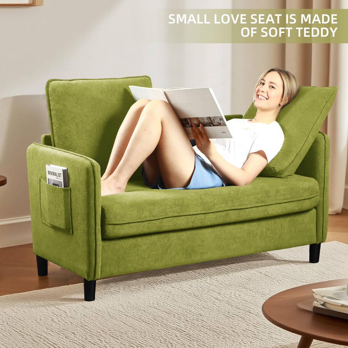 Zoxeions 51" Small Loveseat Sofa, Comfy Teddy Fabric with LED Mood Lighting Perfect for Bedroom, Living Room & Small Spaces, Tool-Free Assembly, Solid Wood Mini Couch for Apartment, Dorm Zoxeions