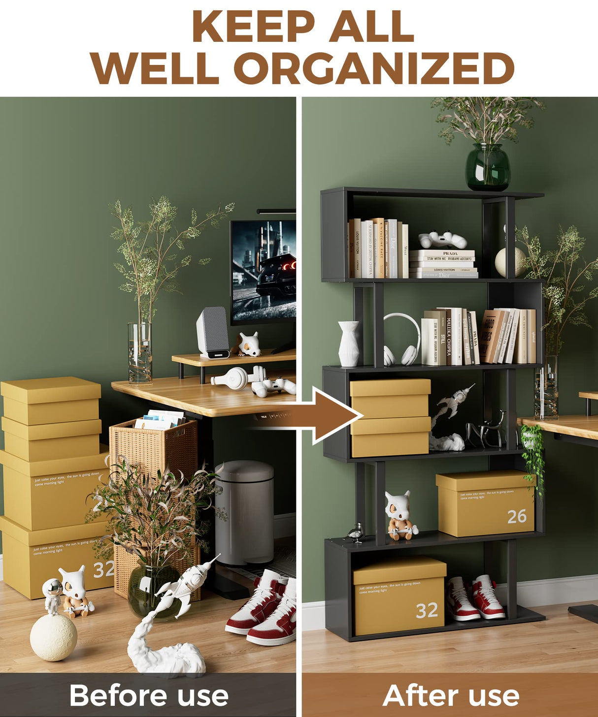 Gadroad 5-Tier Geometric Bookcase,S Shaped Bookshelf, Wood Decorative Storage Shelving, Modern Freestanding Display Shelves, Tall Book Shelf Unit for Living Room Bedroom, Black Gadroad