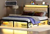 Full size bed frame with led lights, Metal Platform Frame Upholstered Headboard, Charging Station, Storage Shelves, Heavy Duty Metal Slats, No Box Spring Needed, Noise Free, Easy Assembly, Black Natekelly