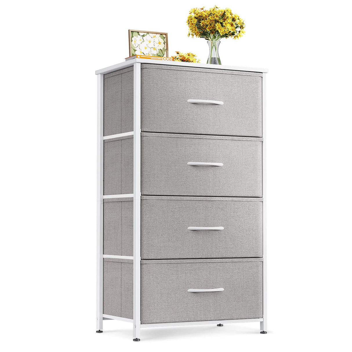 ODK Dresser for Bedroom with 4 Storage Drawers, Small Dresser Chest of Fabric Drawers with Sturdy Steel Frame, Wood Top, Light Grey ODK