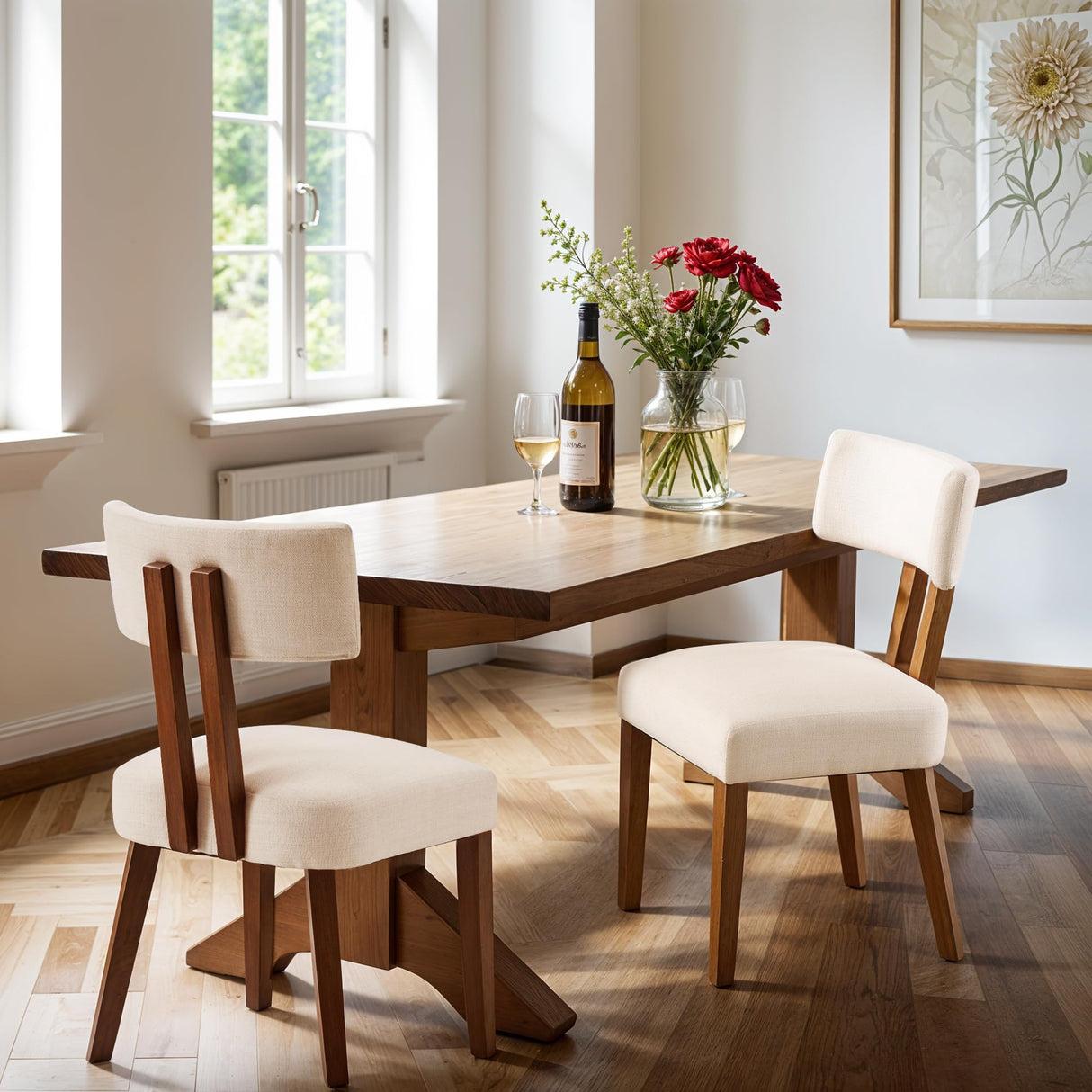 MOJAY Mid Century Modern Dining Chairs Set of 2, Upholstered Linen Fabric Farmhouse Side Chairs with Curved Backrest for Kitchen, Dining Room, Restaurant, or Patio, Off-White MOJAY