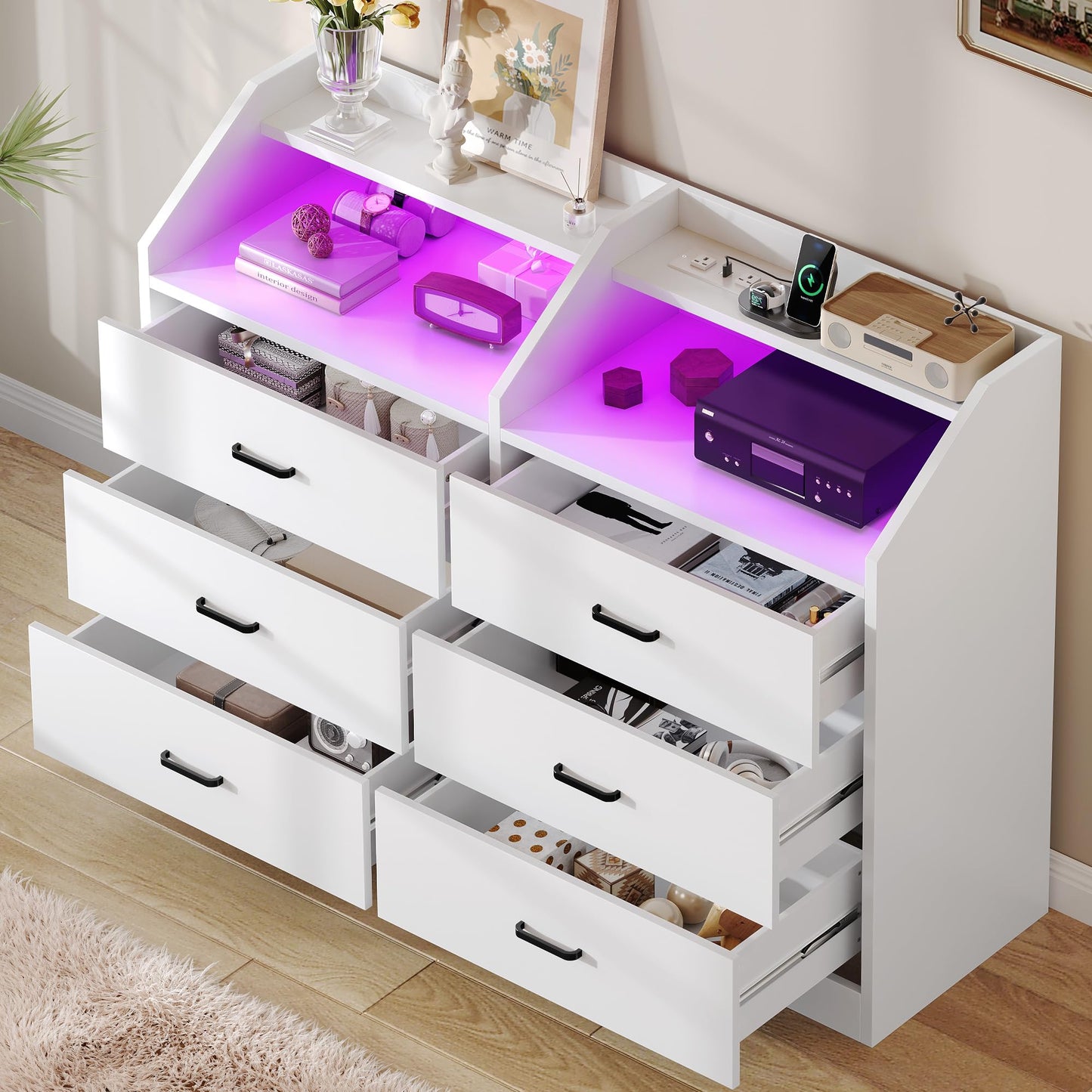 DWVO 6 Drawer Dresser with LED Light and Charging Station, Modern Chest of Drawers, Wide Drawer Organizer Cabinet for Living Room, Entryway, Hallway