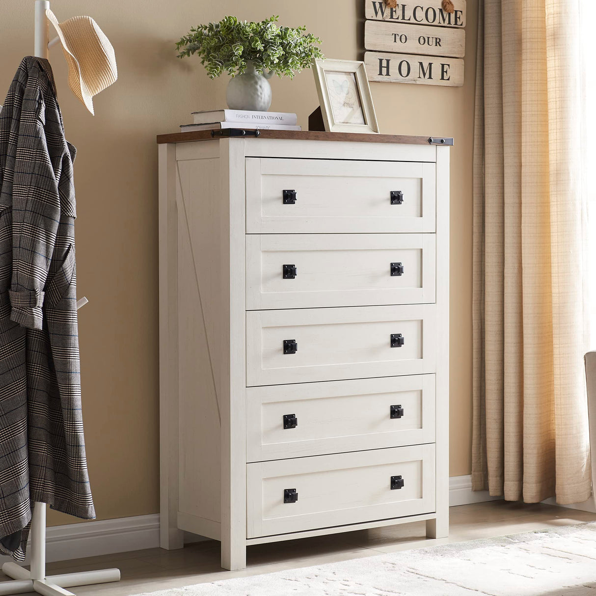 T4TREAM Farmhouse 5 Drawers Dresser Chests for Bedroom, Wood Rustic Tall Chest of Drawers, Dressers Organizer for Bedroom, Living Room, Hallway, Antique White T4TREAM