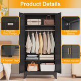 71" H Metal Armoire Wardrobe Closet, Adjustable Shelve, Clothes Drying Pole, Steel Wardrobe Cabinet for Bedroom (Black) Ckzbx