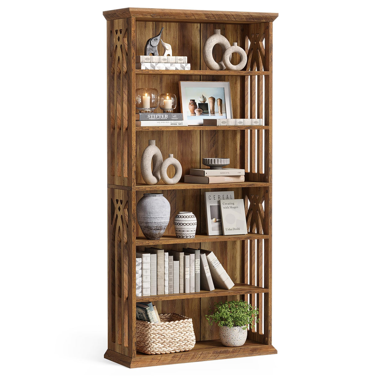 LITTLE TREE 6-Tier Bookcase, 75-Inch Farmhouse Bookshelves and Bookcases, Floor Standing 6 Shelf Wooden Display Storage Shelves Tall Bookcase for Home Office, Living Room, Bed Room, Brown LITTLE TREE