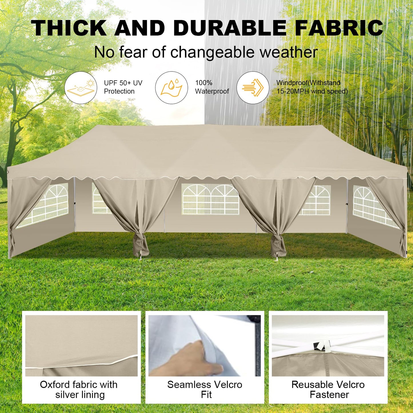 HOTEEL Party Tent 10x30 Pop Up Canopy Tent with 8 Sidewalls, Wheeled Bag, 4 Weight Bags, Easy Setup Outdoor Tent for Backyard Party with Extra Height, Waterproof UPF50+ Event Tent for Patio, Khaki